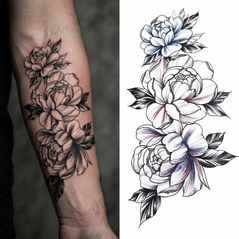 Peony flowers temporary tattoo on a forearm in black, beside a lilac-tinted design sheet
