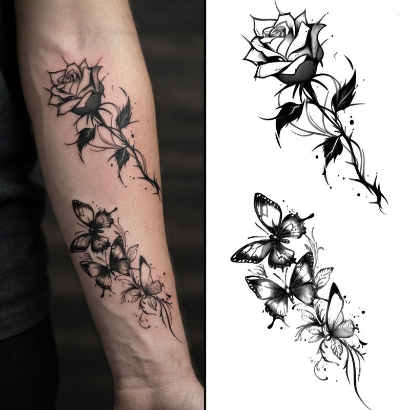 Rose and butterfly vines temporary tattoo on a forearm, shown with the design sheet