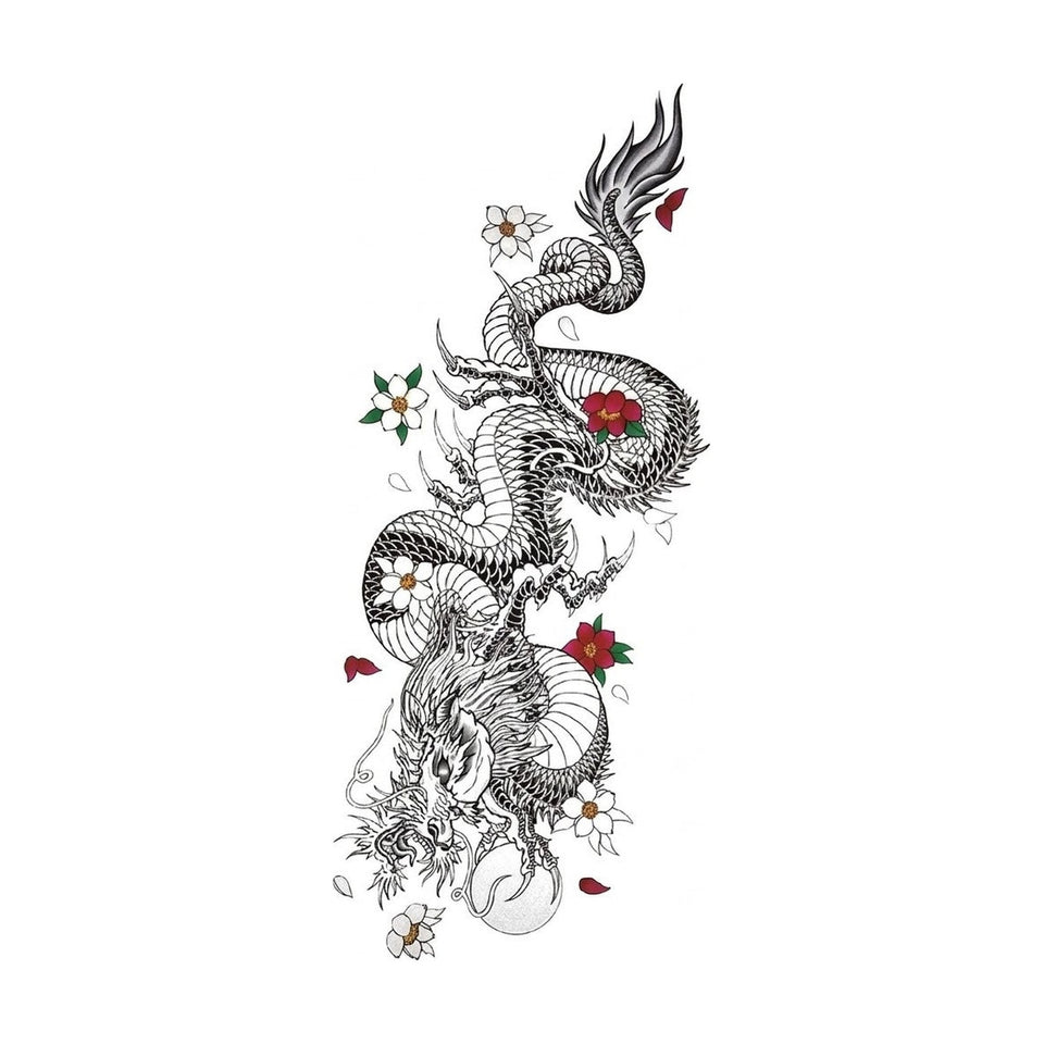 Coiled dragon with white blossoms and red flowers temporary tattoo design