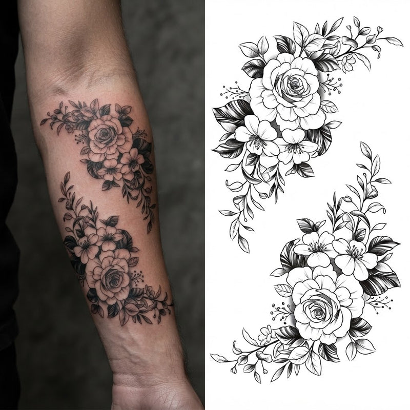 Black roses forearm tattoo beside the floral design