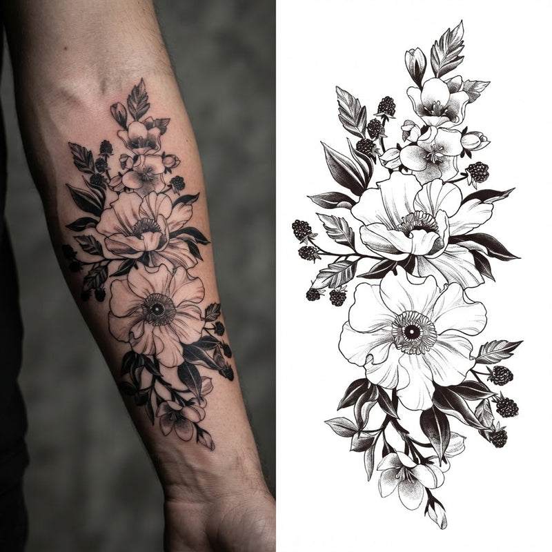 Black anemone and blossom stack temporary tattoo on a forearm, shown with the design sheet