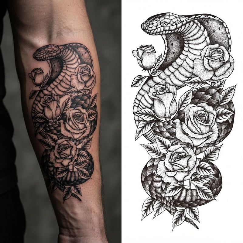 Snake coiled over roses tattoo on a forearm beside the design