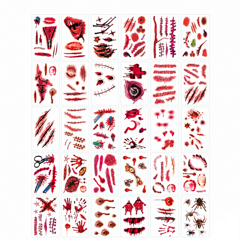 Large bundle of red bloody scar, stitch and bite wound temporary tattoo sheets