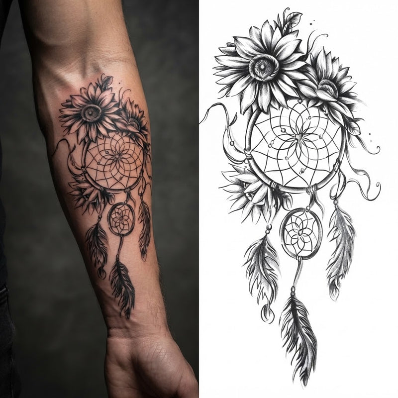 Sunflower dreamcatcher with feathers temporary tattoo on a forearm, beside the design sheet
