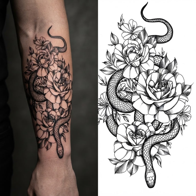 Snake winding through roses temporary tattoo on a forearm, shown with the design sheet