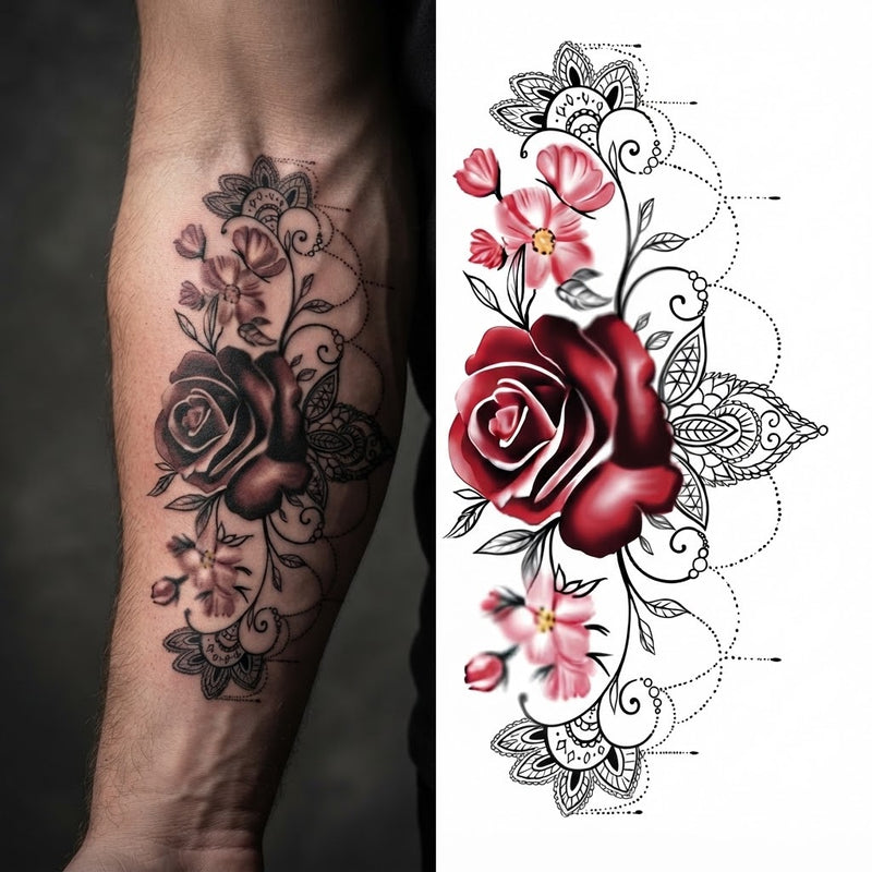 Black rose forearm tattoo beside pink and red rose design