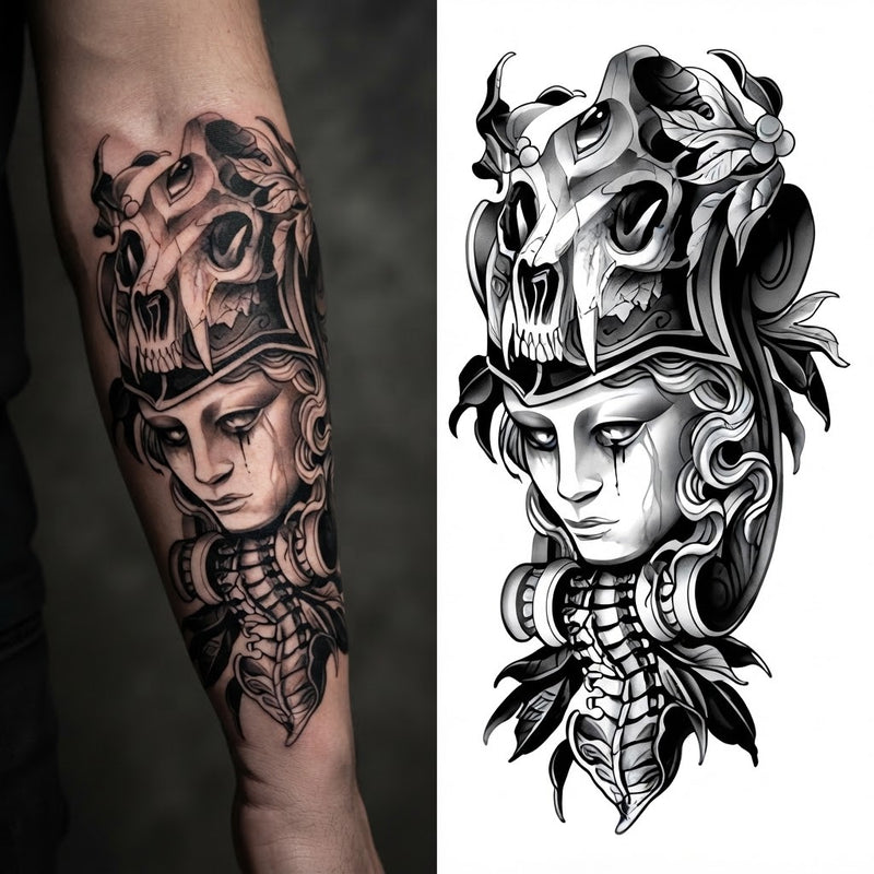 Woman wearing an animal skull headdress temporary tattoo on a forearm, with the design sheet