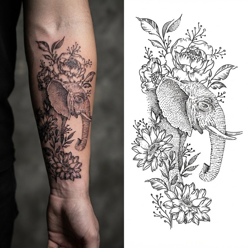 Elephant among roses temporary tattoo on a forearm, shown beside the fine-line design sheet