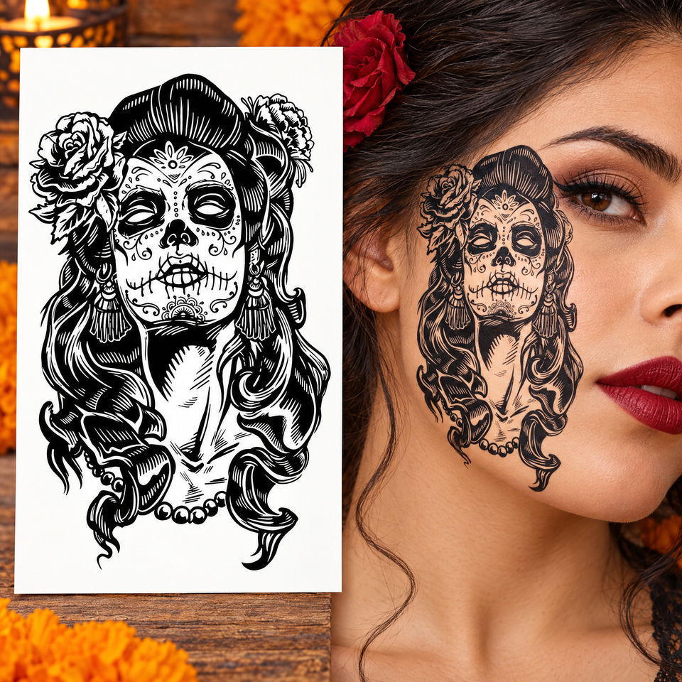Sugar Skull Face Tattoo Set included designs presented for Halloween styling