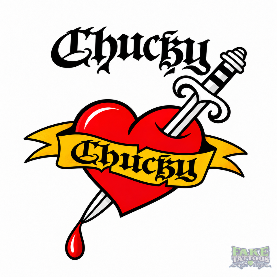 1 feuille de tatouage temporaire réaliste d'Halloween en forme de cœur de Chucky empalé et saignant, autocollant de tatouage factice réaliste, durable et imperméable