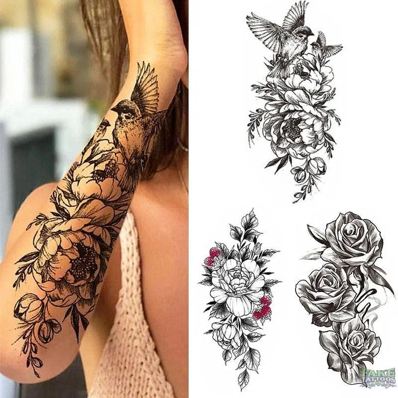 Flower Bird Temporary Tattoos For Women Arm Half Sleeve, – Fake