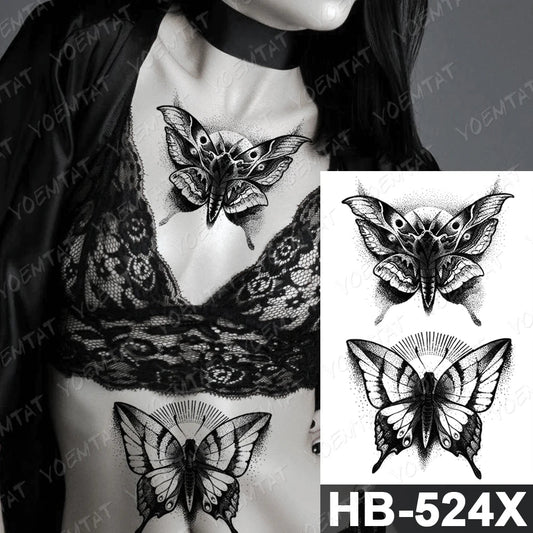 Waterproof Temporary Tattoo Sticker Dark Old School Moth Butterfly Flash Tattoos Snake Rose Body Art Arm Fake Tatoo Women Men Fake Tattoos