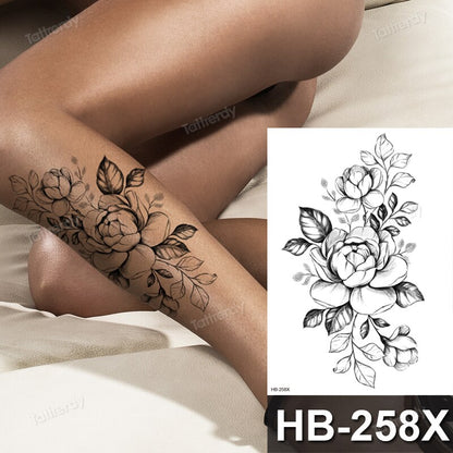 Tattoo Sticker Flower Big Body Art Waterproof Temporary Sexy Thigh Tattoos For Woman Tattoo Fake Water Black Sketch Line Sleeve FAKE TATTOOS