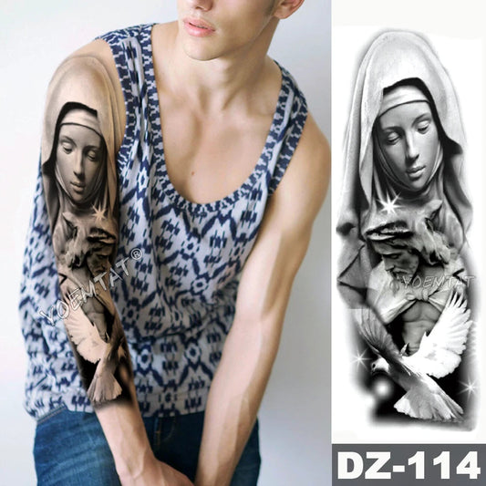 Full Skull Totem Tattoo Large Arm Sleeve Tattoo Virgin Mary Jesus Waterproof Temporary Tattoo Sticker Pigeon Praying Roses Men Fake Tattoos