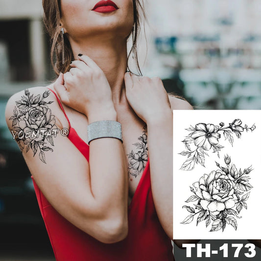 Waterproof Temporary Tattoo Sticker Sketch line peony pattern tatto Water Transfer Rose body art fake arm tatoo For Women Fake Tattoos