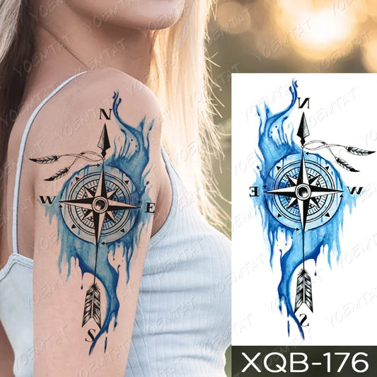 Waterproof Temporary Tattoo Sticker Blue Compass Arrow Unicorn Tattoos Tree Lily Body Art Arm Fake Sleeve Tatoo Women Men Fake Tattoos