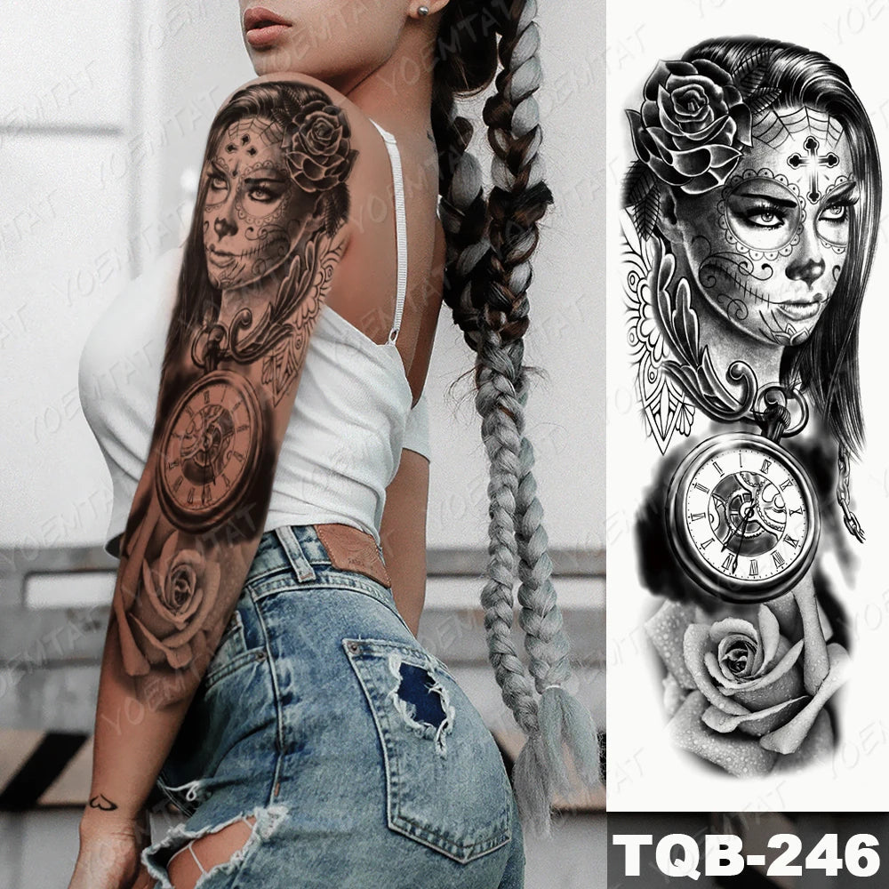 Large Arm Sleeve Tattoo Black Maori Totem Waterproof Temporary Tatto Sticker Tribal Flame Body Art Full Fake Tatoo Women Men Fake Tattoos