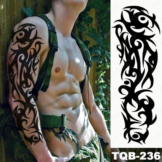Large Arm Sleeve Tattoo Black Maori Totem Waterproof Temporary Tatto Sticker Tribal Flame Body Art Full Fake Tatoo Women Men Fake Tattoos