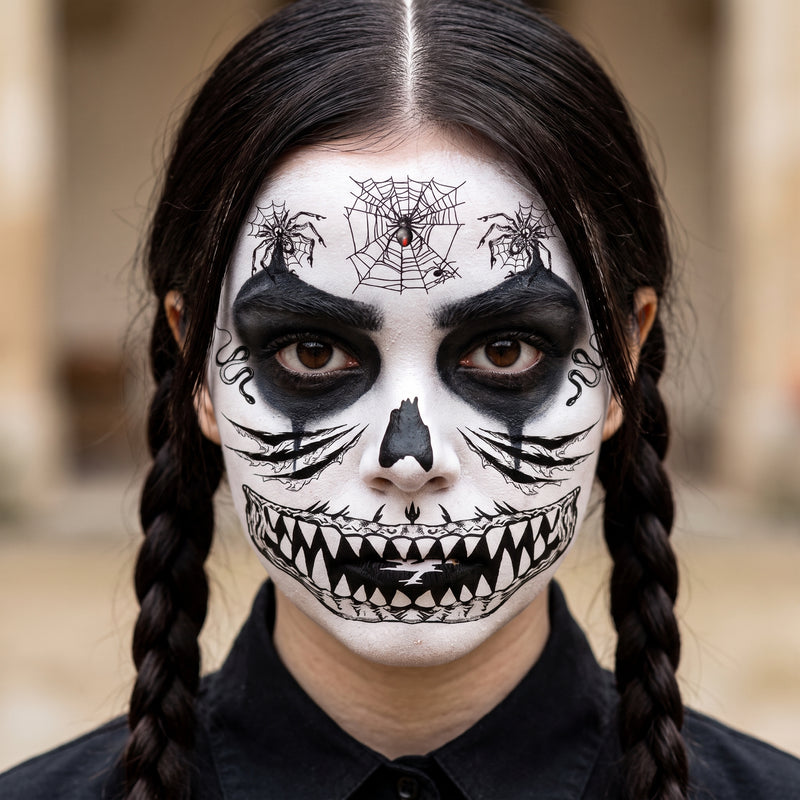 Woman wearing spiderweb skull grin full face tattoo