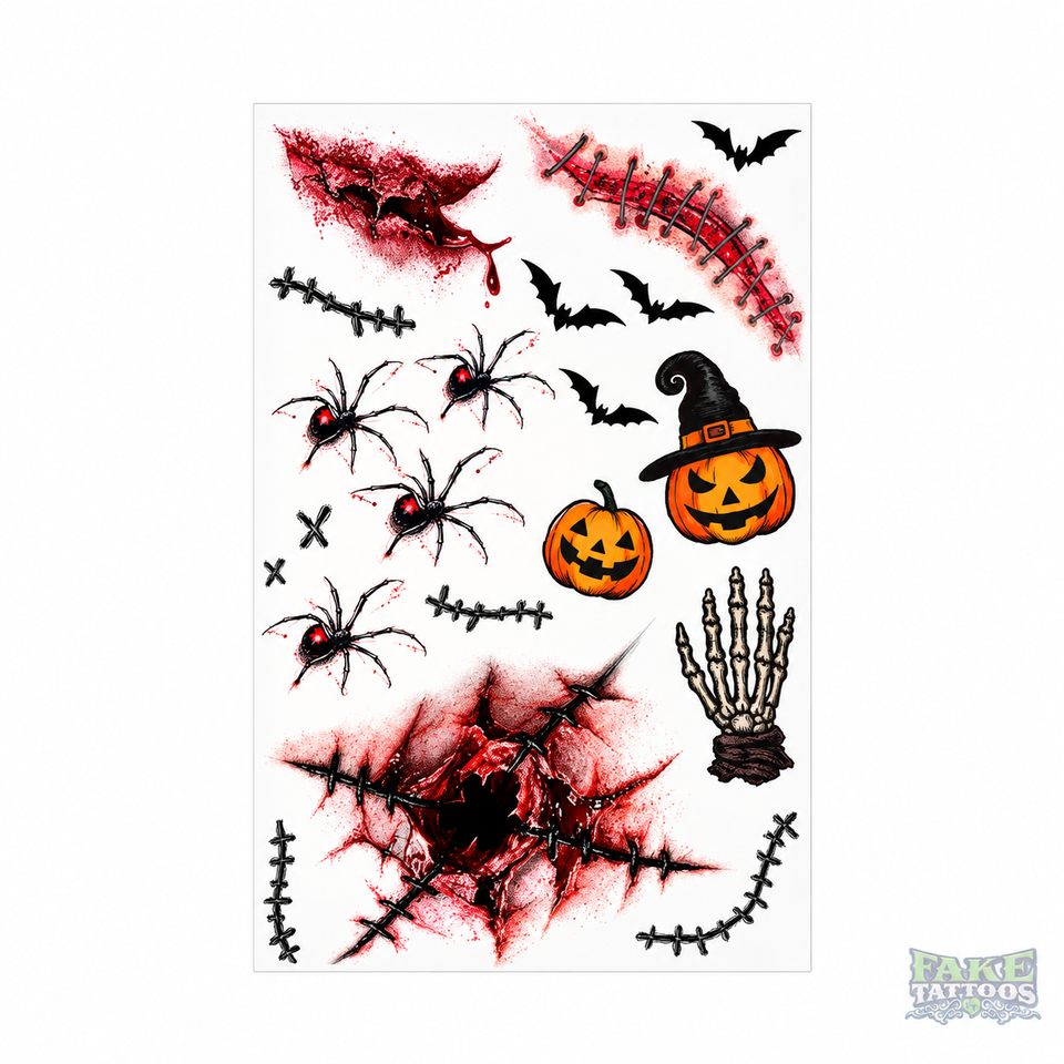 1 feuille de tatouage temporaire réaliste d'Halloween en forme de cœur de Chucky empalé et sanglant, autocollant de faux tatouage réaliste, durable et imperméable