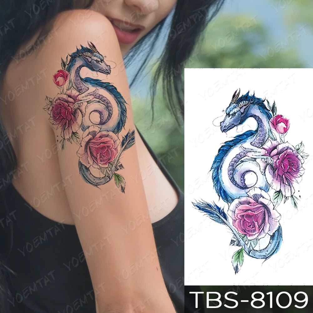 Waterproof Temporary Tattoo Sticker Phoenix Cat Dragon Flash Tattoos Snake Peony Lotus Body Art Arm Fake Tatoo Women Men Fake Tattoos