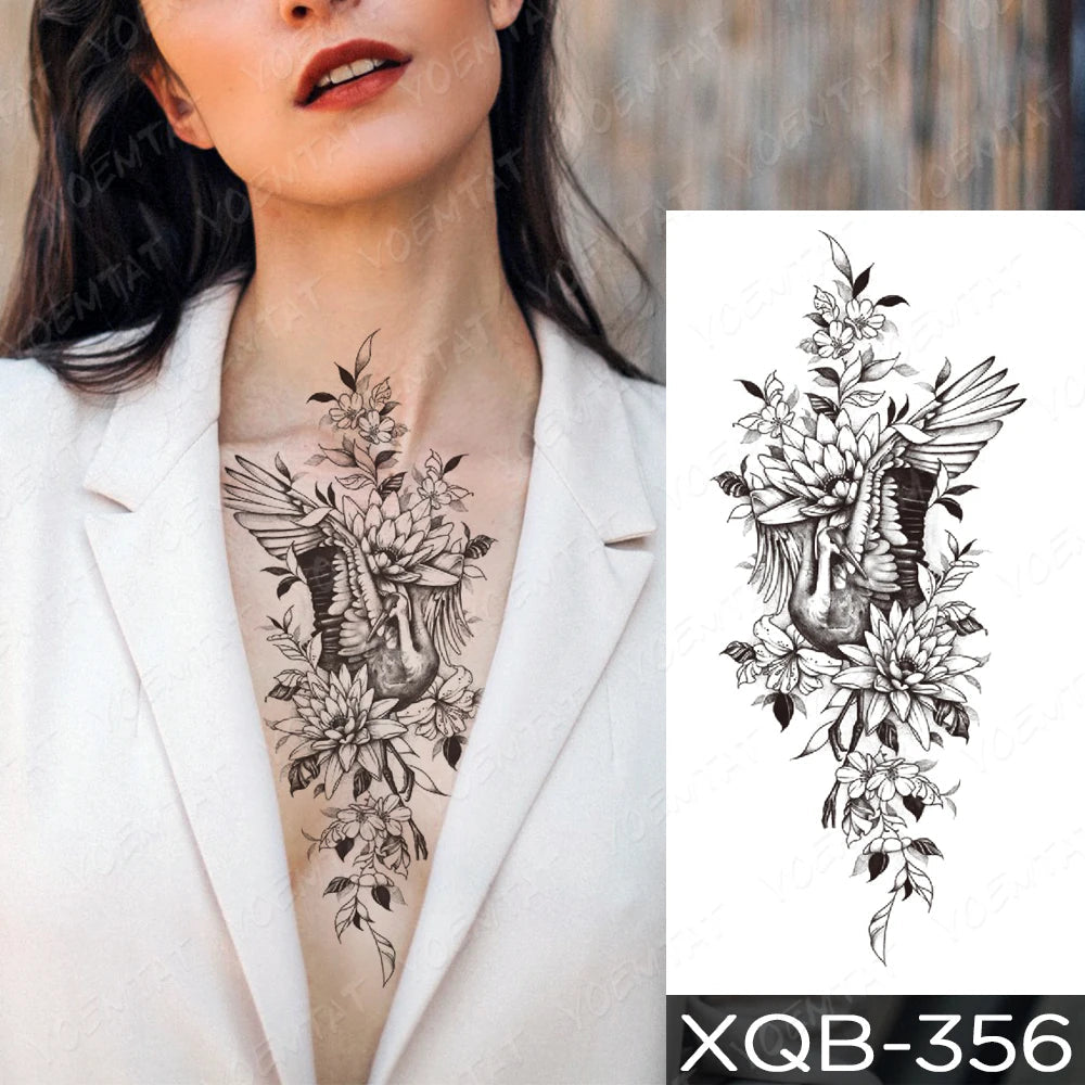 Black Flower Blooming Waterproof Temporary Tatooo Stickers Butterfly Peony Leaf Transfer Tatooos Body Art Fake Tatoo Women Fake Tattoos