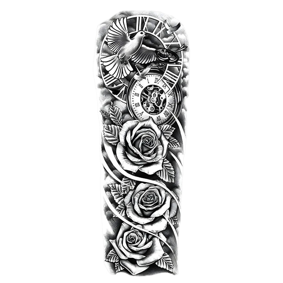Crimson Petal rose and flower arm sleeve temporary tattoo