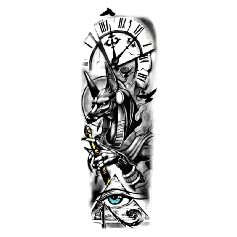Blackline Anubis and Eye of Horus full-arm sleeve temporary tattoo