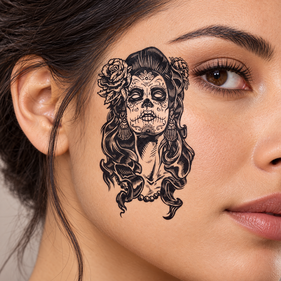 Sugar Skull Face Tattoo Set safe face placement and care guidance