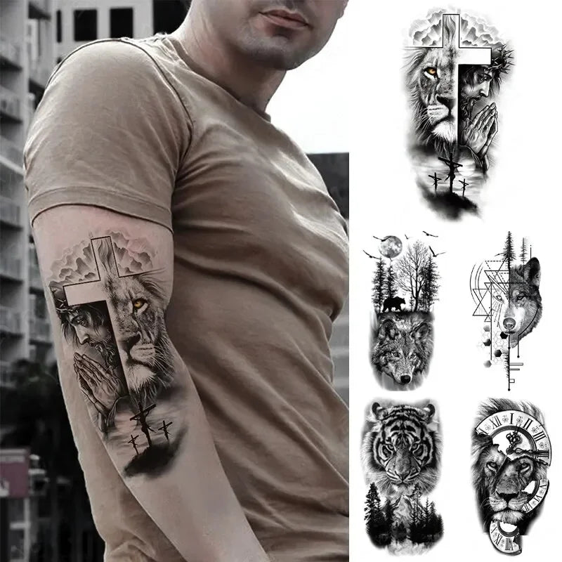 Waterproof Temporary Tattoo Sticker Dark Gothic Grim Reaper Wolf Eagle Clock Horse Fake Tatto Flash Tatoo Tato for Women Men Fake Tattoos