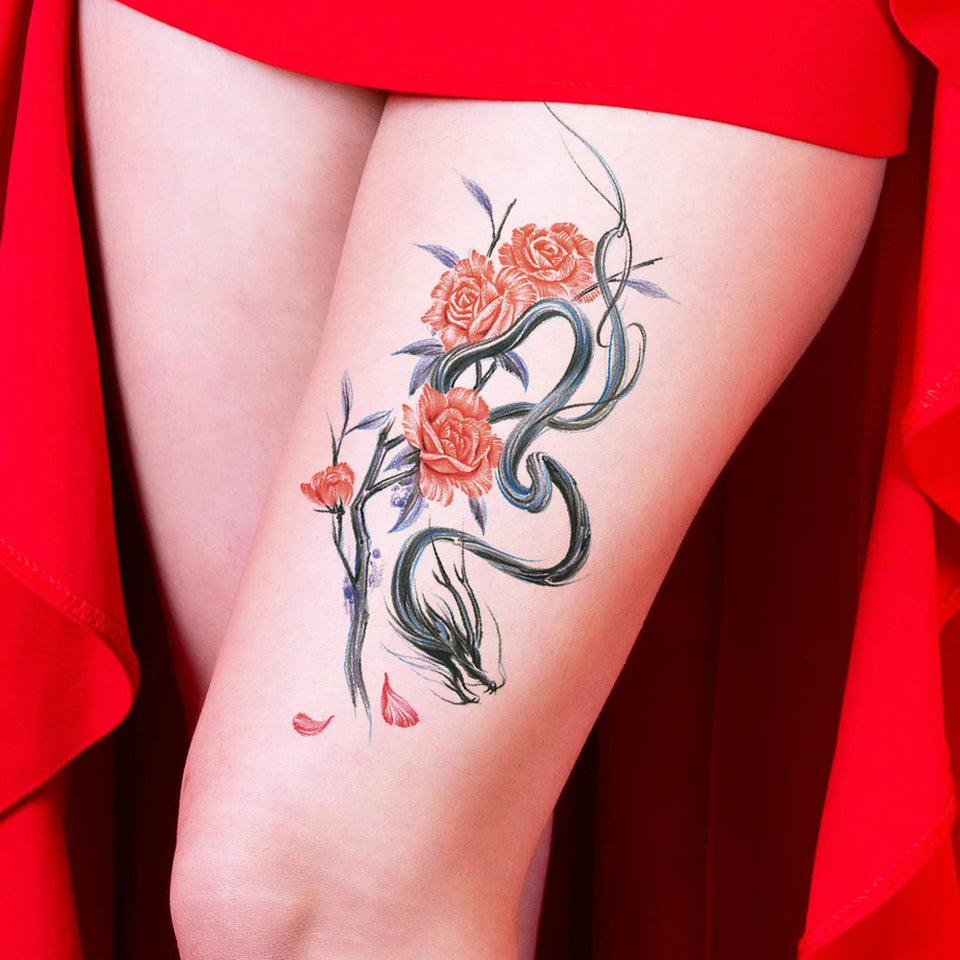 Waterproof Temporary Tattoo Sticker Plum Blossom Dragon Flower Arm Back Thighs Fake Tatto Flash Tatoo Tato for Girl Women Men Fake Tattoos