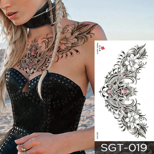 Large Chest Waist Shoulder Back Waterproof Temporary Tattoo Sticker Lace Gemstone Flower Fake Tatoo Underboob Body Art For Women Fake Tattoos