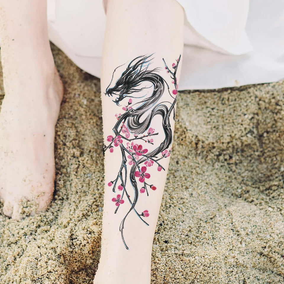 Waterproof Temporary Tattoo Sticker Plum Blossom Dragon Flower Arm Back Thighs Fake Tatto Flash Tatoo Tato for Girl Women Men Fake Tattoos