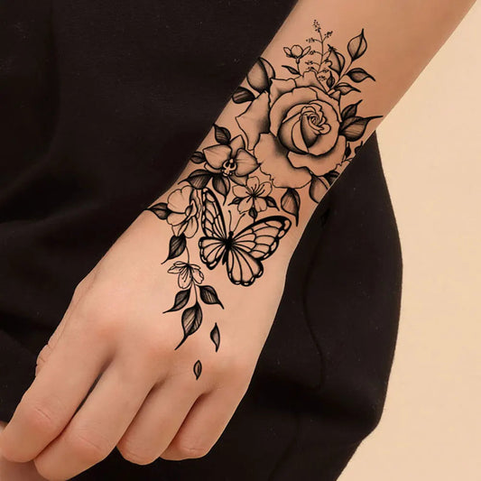 Black Flower Temporary Tattoos for Women Waterproof Realistic Floral Tattoo Stickers for Hand Arm Body Disposable Fake Tattoo Fake Tattoos