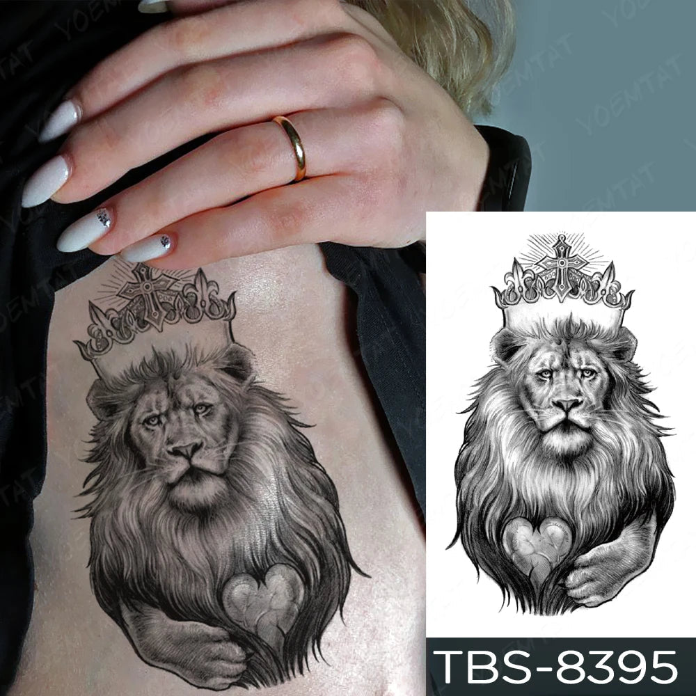 Waterproof Temporary Tattoo Sticker Beast Animal Bear Wolf Lion Compass Tattoos Realistic Body Art Arm Fake Tatoo Men Women Fake Tattoos