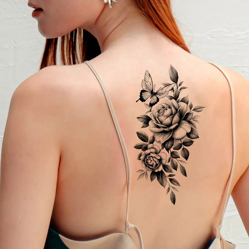 Black Flower Temporary Tattoos for Women Waterproof Realistic Floral Tattoo Stickers for Hand Arm Body Disposable Fake Tattoo Fake Tattoos