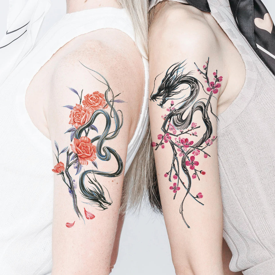 Waterproof Temporary Tattoo Sticker Plum Blossom Dragon Flower Arm Back Thighs Fake Tatto Flash Tatoo Tato for Girl Women Men Fake Tattoos