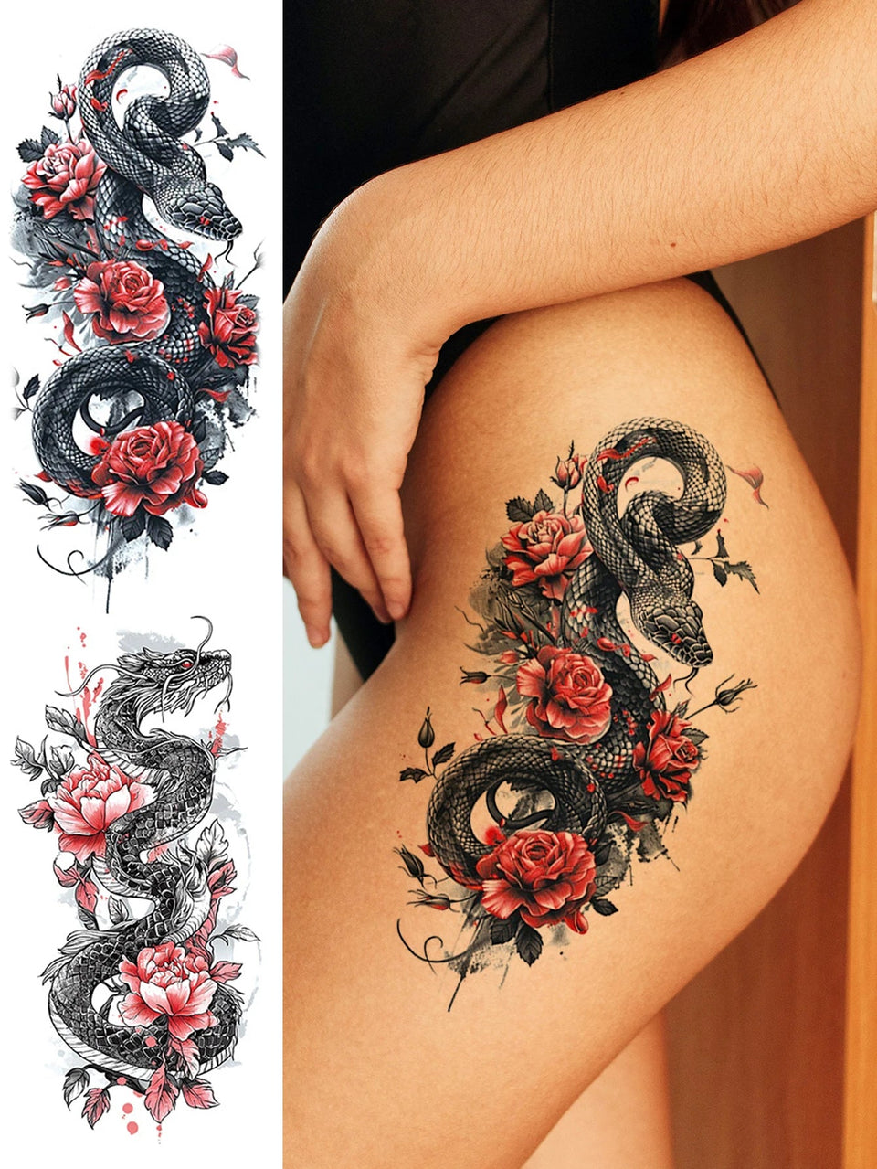 Waterproof Temporary Tattoo Sticker Plum Blossom Dragon Flower Arm Back Thighs Fake Tatto Flash Tatoo Tato for Girl Women Men Fake Tattoos