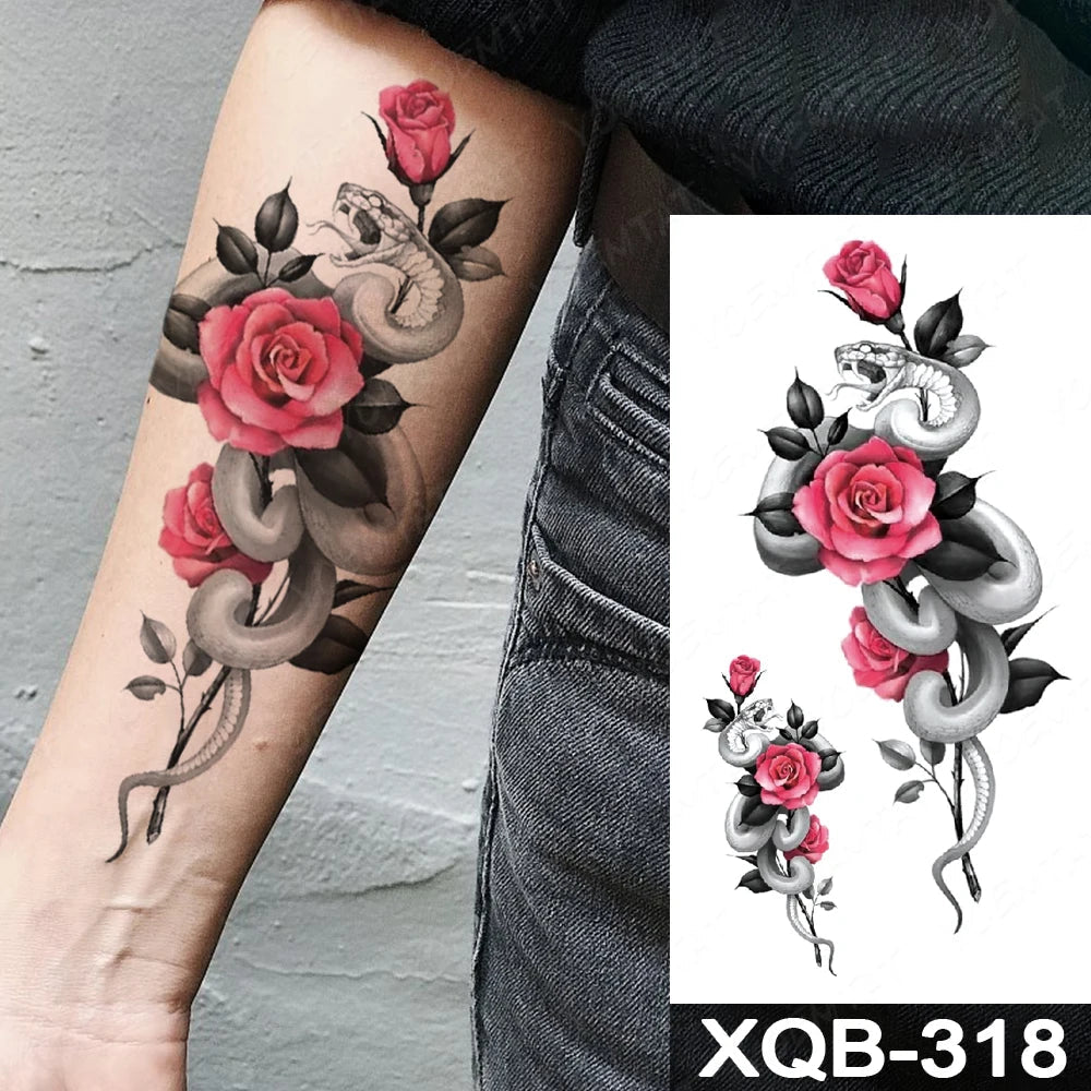 Waterproof Temporary Tattoo Sticker snake flower rose Flash Tatoo sexy Arm Large Size Black Wrist Fake Tatto For Body Art Women Fake Tattoos