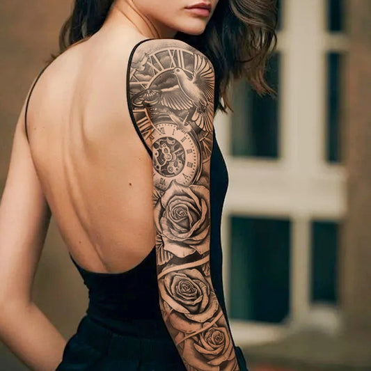 Large Full Arm Sleeve Waterproof Temporary Tattoo Sticker Clock Rose Flower Dove Bird Totem Fake Tatoo Body Art Men Women Leg Fake Tattoos