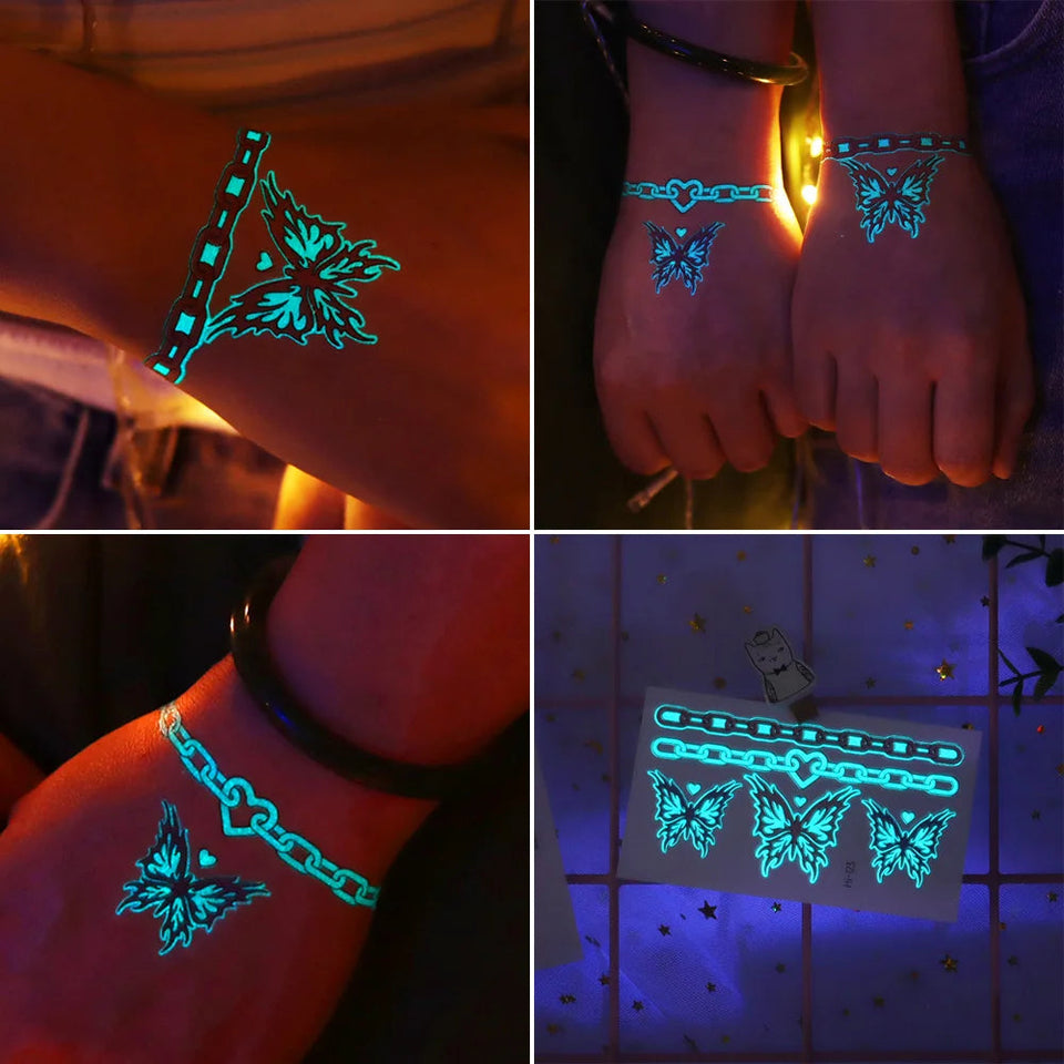 12 Blue Glow-In-The-Dark Butterfly Tattoo Stickers Fake Tattoos