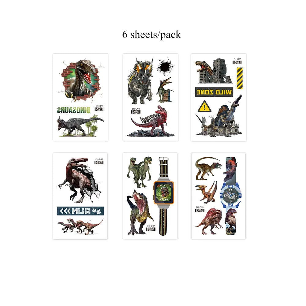 6pcs/set Dinosaur Temporary Tattoo Stickers For Kids Waterproof Animal Cartoon Fake Tattoo for Children Women Men Body Decor Fake Tattoos