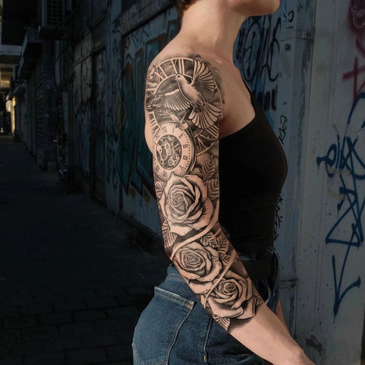 Large Full Arm Sleeve Waterproof Temporary Tattoo Sticker Dove of Peace Clock Rose Flower Fake Tatoo Body Art Men Women Thigh Fake Tattoos