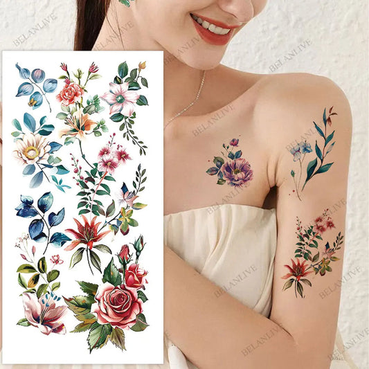 Waterproof Women Fake Tattoo Disposable Flower Tattoo Stickers for Hand Leg Chest and Body Holiday Body Decor Fake Tattoos