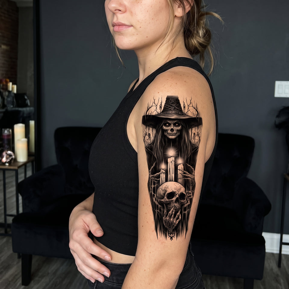 1 feuille de tatouages temporaires effrayants représentant un crâne de sorcière maléfique, tatouages autocollants réalistes, imperméables, pour manches de tatouage, style démon, vampire, Halloween