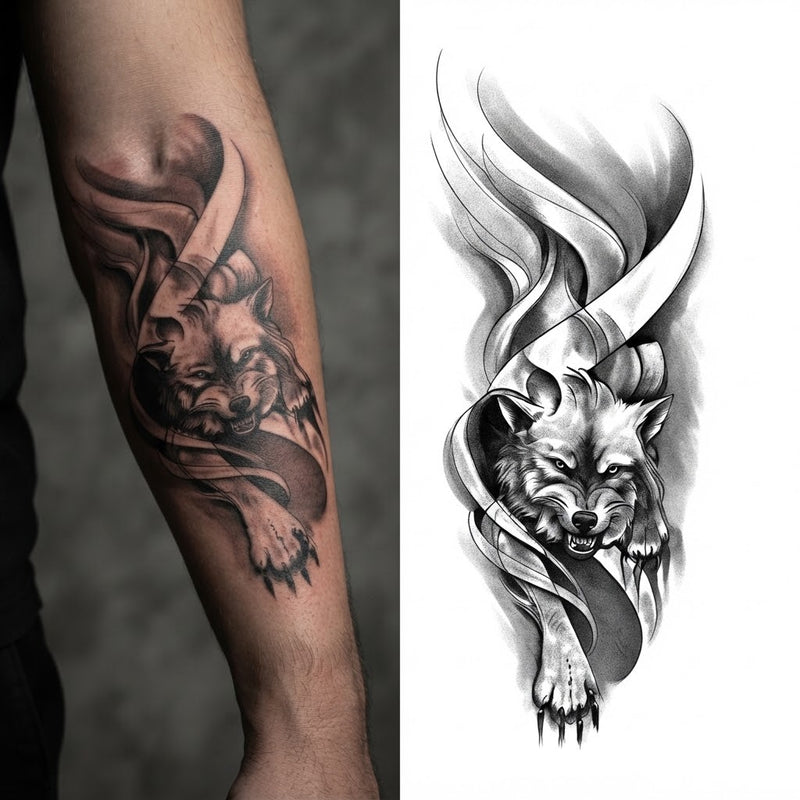 Wolf emerging from smoke temporary tattoo on a forearm, shown beside the design sheet
