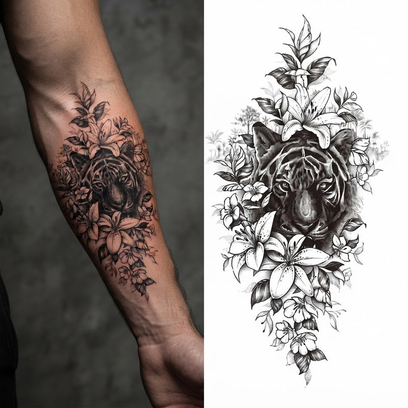 Tiger face in flowers temporary tattoo on a forearm, shown beside the design sheet