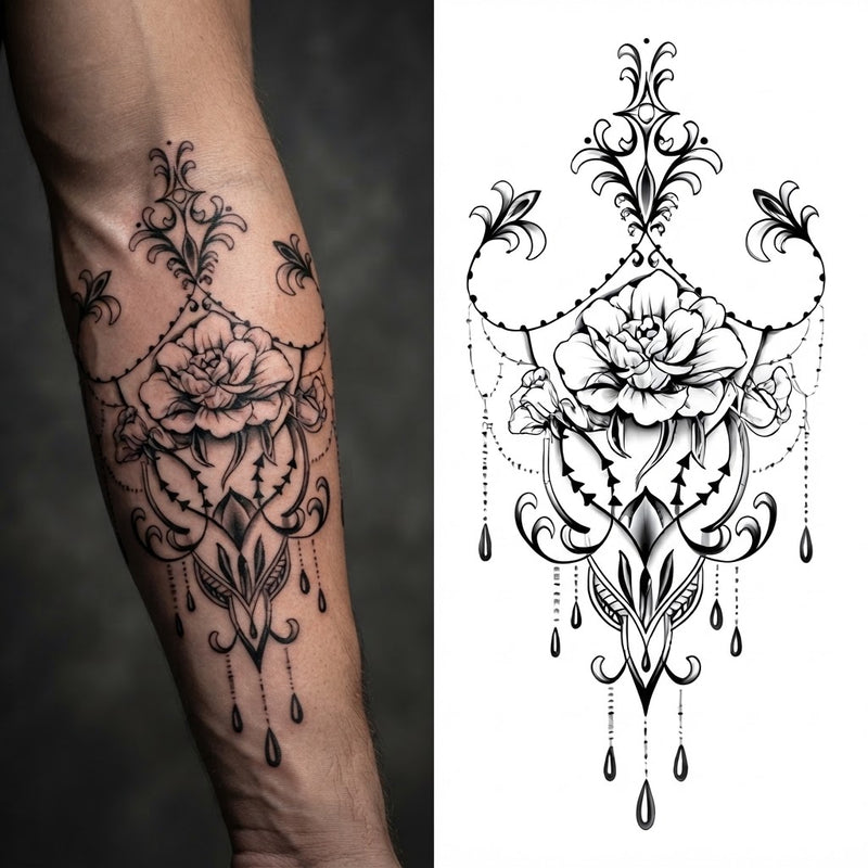 Black lace chandelier and rose ornament temporary tattoo on a forearm, shown with the design sheet