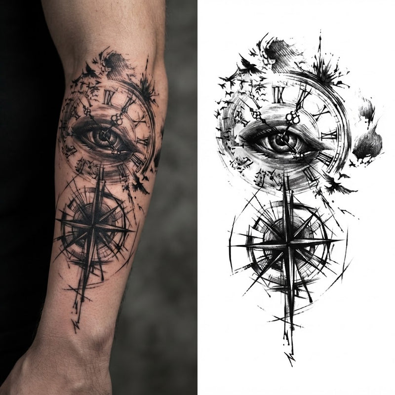 Clock with an eye and compass rose temporary tattoo on a forearm, next to the design sheet