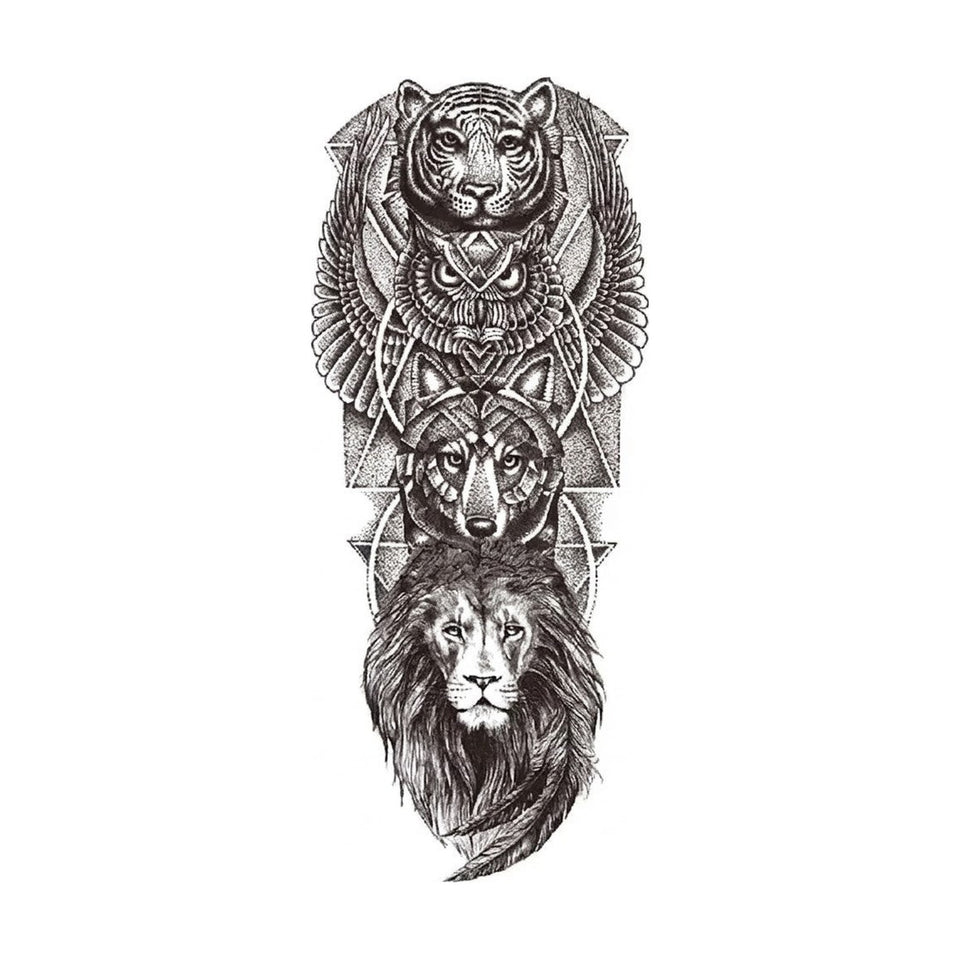 Stacked owl, tiger and lion heads black and grey temporary tattoo design